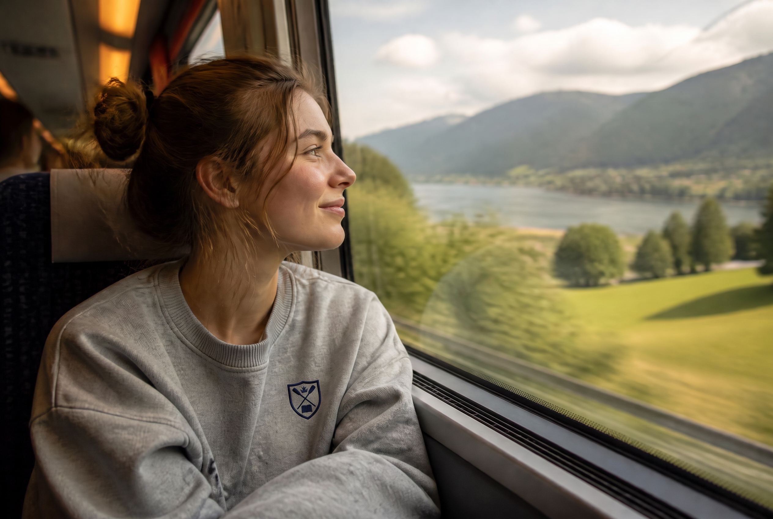 Student in a college sweatshirt smiling out a train window at the countryside